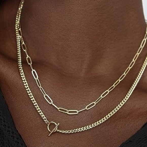 14K Dainty Gold Necklace Set of 2 Minimalist Layered Thin‎ Chain Link Jewelry - Picture 5 of 8